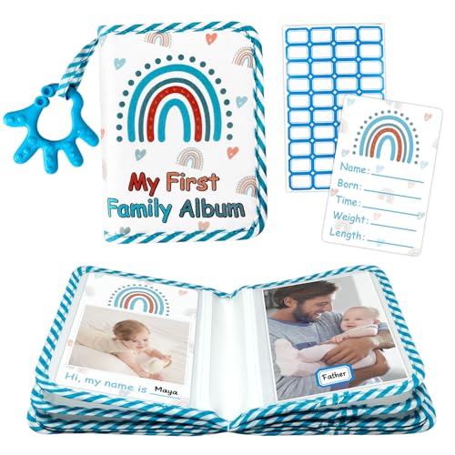 Image of BOHEMIABY My First Family Photo Album for Baby, 4x6" Baby Photo Albums, Soft Toddler Photo Album with Milestone & Large Safety Mirror, Personalized Kids Baby Shower Gifts(Blue Hand)