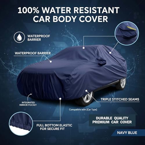 Image of Sulfar 100% Water Resistant Car Body Cover Compatible with Mirror for CITROEN Basalt (Triple Stitched, Full Bottom Elastic, Navy Blue)
