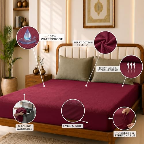 Image of Glassiano Cotton Feel Terry Ultra Soft Waterproof Mattress Protector | Breathable - Hypoallergenic Mattresses Cover with Elastic Strap for Single Bed (84x48 inch|7x4 feet, Maroon - Pack of 1)