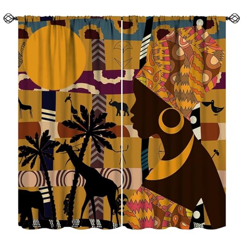 JESTRONRY Black Girl Curtains for Living Room,African Woman Window Treatments Kids Bedroom Curtain,Tropical Landscape Style Home Decor Blackout Drapes W42xL45in