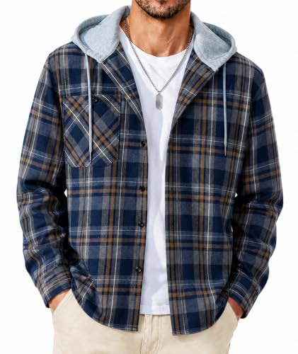 Image of SCODI Mens Flannel Hoodie Shirt Casual Button Down Plaid Long Sleeve Shirts