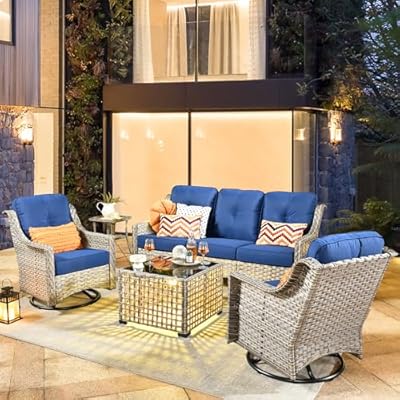HOOOWOOO 5 Piece Patio Furniture Conversation Sets with Swivel Rocking Chairs,Outdoor Wicker Furniture with LED Tablet,All Weather Resistant High Back Rattan Conversational Set(Navy Blue)