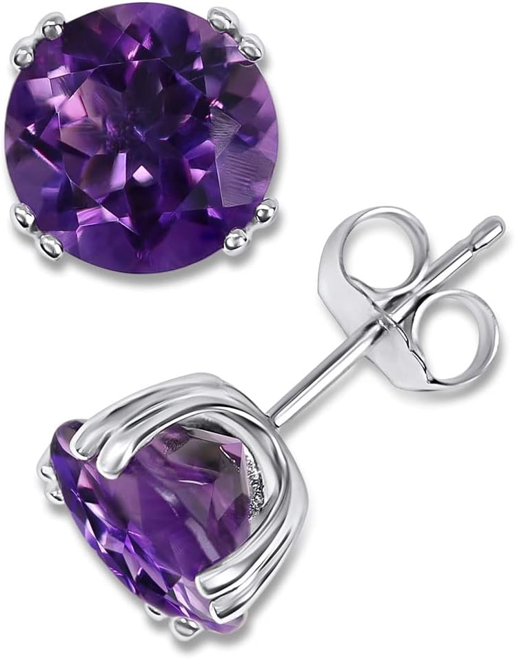 Round Genuine Amethyst 8 mm Stud Earrings in 14K White Gold
