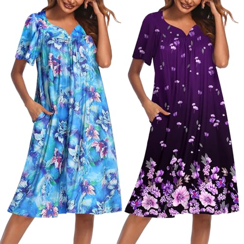 Image of Ekouaer 2 Pack House Dresses for Women with Pockets Short Sleeve Moo Moos Floral Print Mumu Dresses