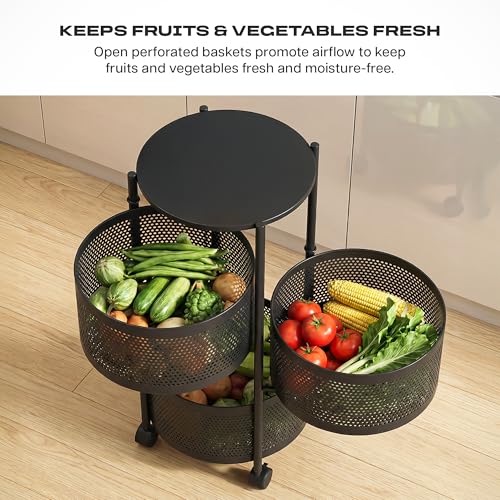 Image of Metal Multi-Purpose Trolley Kitchen Storage Organizer Rack Stand with 360 Wheels | 3 Layer Round Design | Kitchen Accessories Items for Fruit Vegetable Onion Rack for Kitchen (Black)