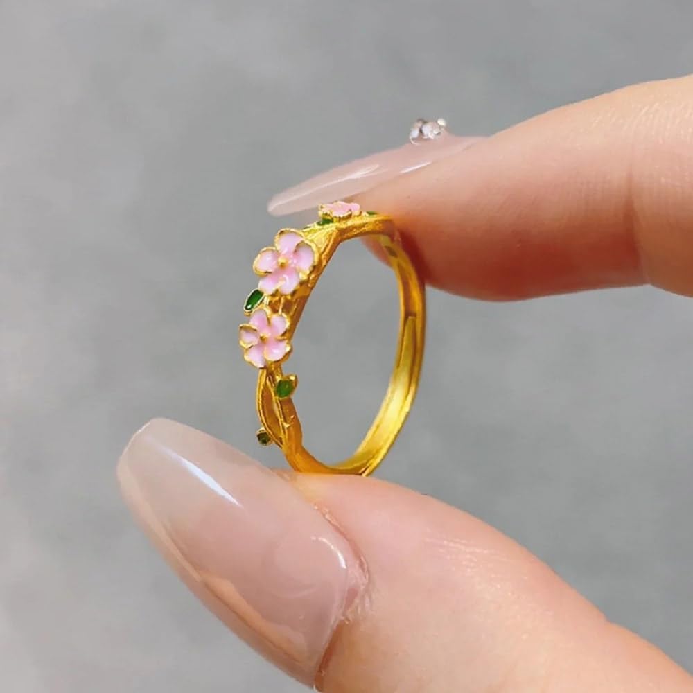 Pink Cherry Flower Wedding Statement Ring for Women Charms Blossoms Dainty Yellow Gold-Tone Plated Open Adjustable Sweet Middle Finger Bands Cute Stacking Promise Rings Anniversary Xmas Gift Fine Jewelry - Image 5