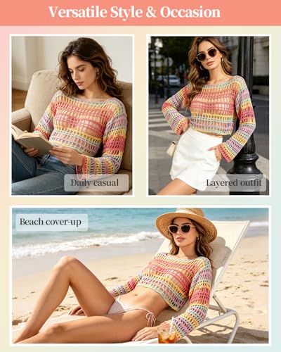Image of Aeelike Beginner Crochet Kit for Adults, Crochets Set w Ombre Cotton Yarn & Step-by-Step Video Tutorials,Rainbow Coverup Sweater for Women Ideal DIY Gift Crochet Kit for Beginners,Gradient Pink