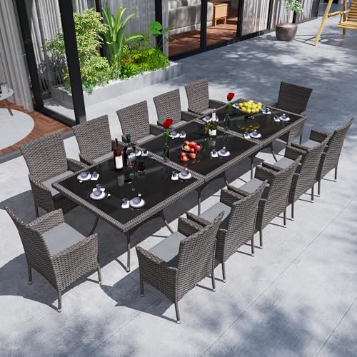 ASJMR 15 Pieces Dining Sets for 12 with Rattan Wicker Dining Set Chairs and Square Table Glass Top with Umbrella Cutout, Outdoor and Indoor Set for Patio, Backyard, Garden, Poolside, Kitchen- Grey