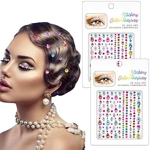 2PCS Face Gems Eye Jewels Stickers Self Adhesive Rhinestones Gems Crystals Pearls Decal Rainbow Rhinestone for Makeup Hair Body Stick Gems for Women Festival Accessory and Nail Art Decoration