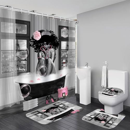 KOKGYM 4Pcs African American Shower Curtain Sets with Rugs Black Girl Shower Curtain for Bathroom Decor Sets with Paris Eiffel Tower Art Pattern Grey Waterproof juego de bao with 12 PCS Hooks