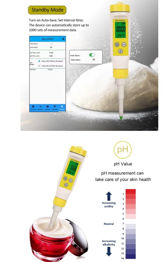 Screenshot of BLE-PH03A app interface showing auto-save settings and data storage