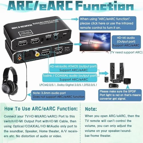 Image of Tobo 4K HDMI Audio Extractor Splitter, HDMI to HDTV + Optical Toslink SPDIF + 3.5mm Audio Jack + Coaxial + 7.1Ch HDMI Audio Support ARC and eARC Function-TD-909H.