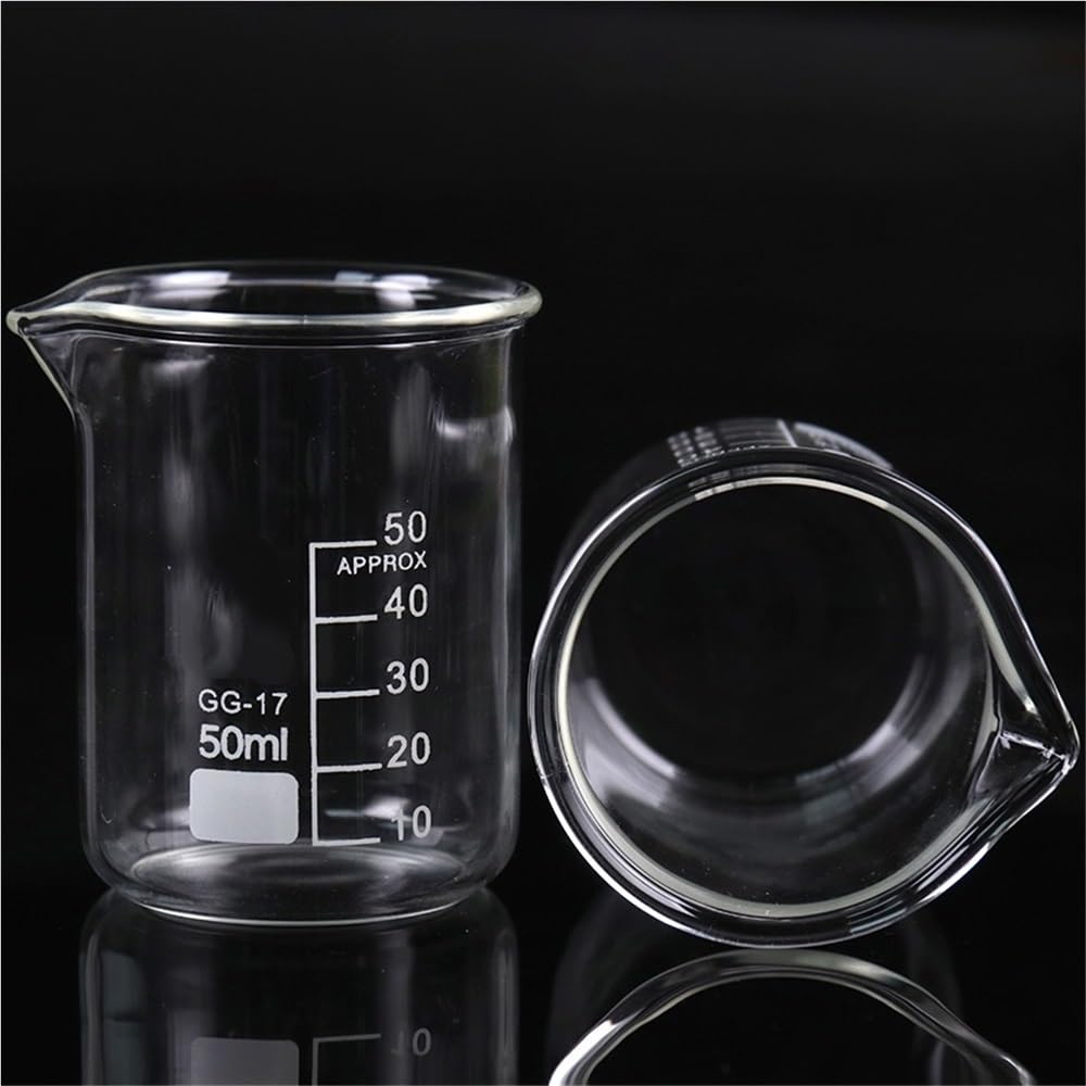 Vaso de precipitados Transparente para Laboratorio de química, Capacidad de 50 ml, de Forma Baja, de Vidrio Transparente Espesado con Pico, 1 Unidad