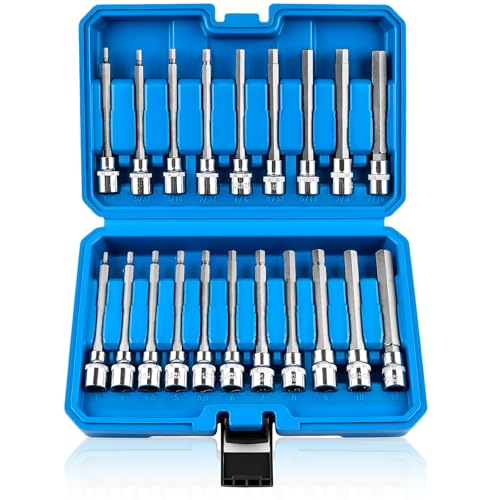 Feikenee 20PCS Extra-Long Allen Hex Bit Socket Set, 3/8 Inch Drive Allen Socket Set, SAE & Metric(1/8'-7/16', 3-12mm), CR-V and S2 Alloy Steel