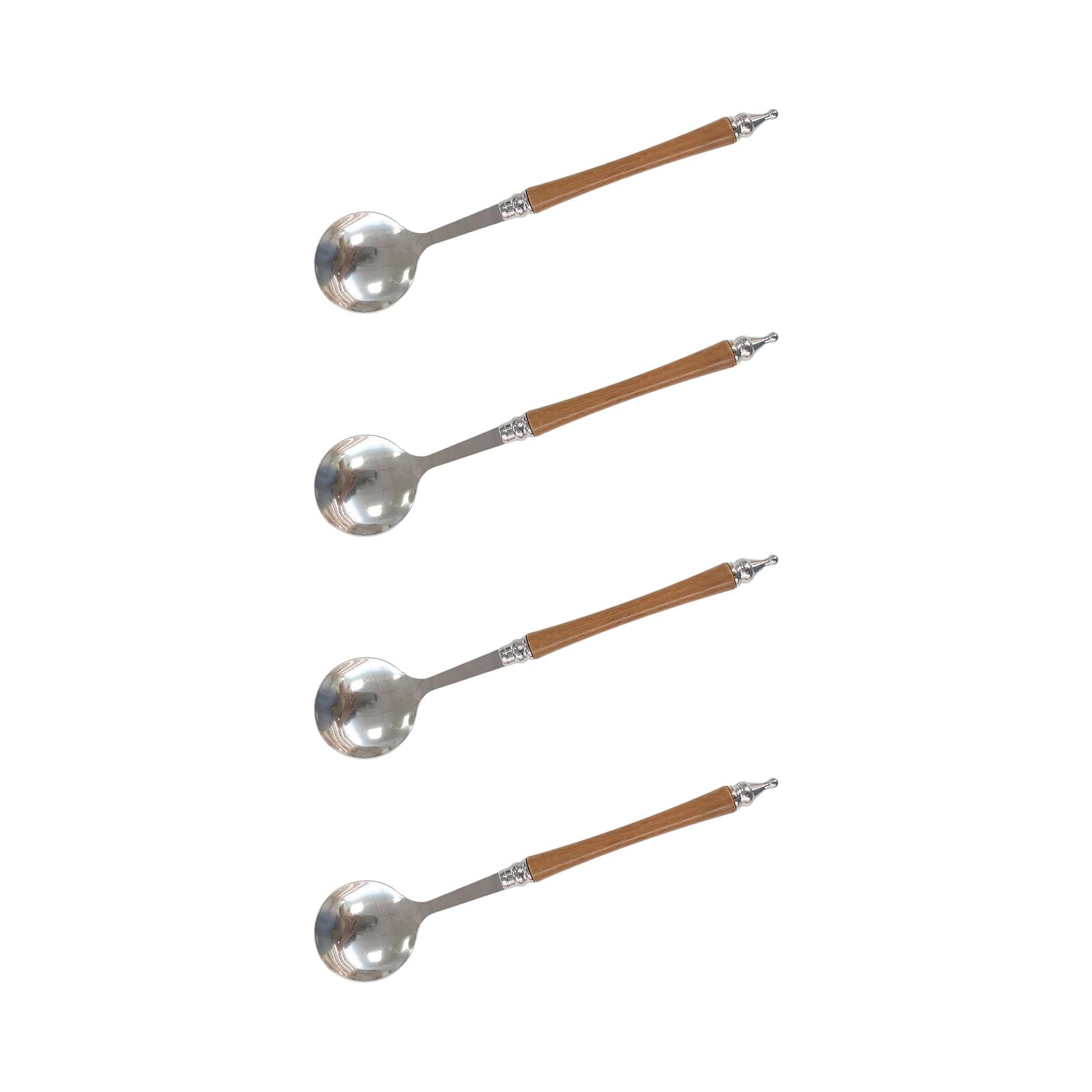 MALSSE Modern Stainless Steels Serving Round Spoons with Polishing Wooden Handle Set of 4 Kitchen Eating Utensils Silverware Stainless Steels Wooden Handle Soup Spoon