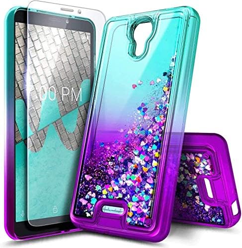 NZND Case for AT&T Calypso (U318AA) /Cricket Vision 3 with Tempered Glass Screen Protector, Sparkle Glitter Flowing Liquid Women Girls Kids Cute Phone Case (Aqua/Purple)