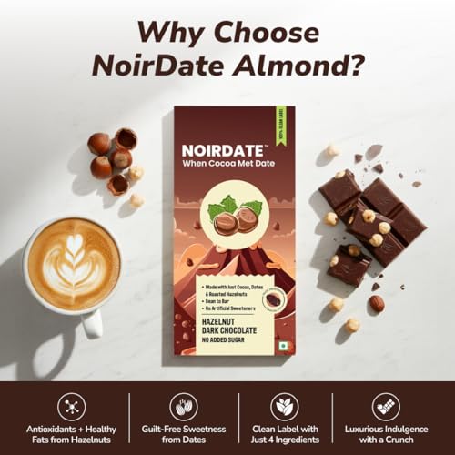 Image of NoirDate Hazelnut Dark Chocolate - 75g, Bean to Bar, Sweetened with Dates, Refined Sugar Free, Clean Label, Healthy, Vegan, Gluten-Free, Guilt-Free Indulgence (Pack of 1)