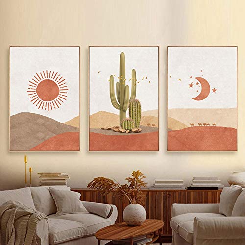 Paisaje Sol y Luna Escena Boho Impresiones en lienzo Cactus Arte de pared Desierto nórdico Cuadro de pared Cover