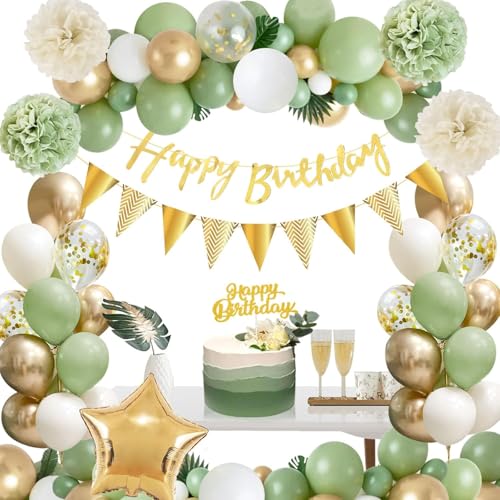 Geburtstag Deko für Frauen Männer, 62Pcs Salbei Grün Geburtstag Party Dekoration Set - 18Inch Star Folienballon, Grün Gold Weiß Luftballons, Happy Birthday Banner, Cake Topper