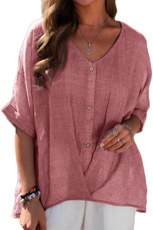 Andongnywell Women Button Down Shirts Cotton Linen Casual Collar Blouses V-Neck Pullover Loose Breathable Shirt