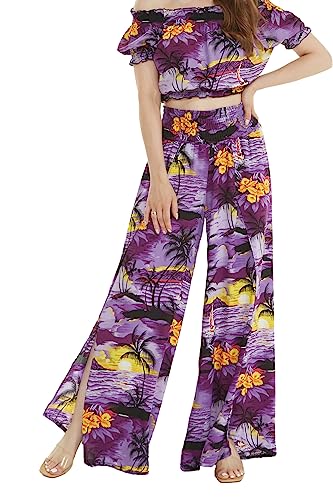 Matchable Couple Hawaiian Luau Shirt Smock Top Wide Legged Pants in Sunset Purple2