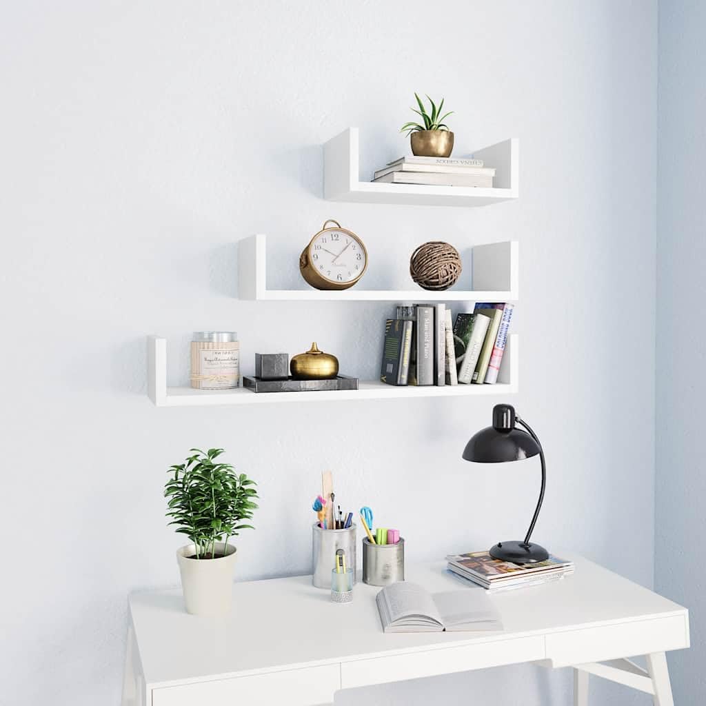 Regał ścienny, biały, materiał drewnopochodny, zestaw 3 sztuk, w 3 rozmiarach 60 x 15 x 10 cm, 45 x 15 x 10 cm, 30 x 15 x 10 cm, nie zajmuje dużo miejsca i jest uniwersalny, do salonu