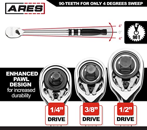 Ares 42083-90-Tooth Ratchet Set - Ergonomic Aluminum Handles & Reversible Sealed Head Design #TOP1