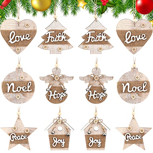 12 Pcs Rustic Christmas Wooden Ornaments Set Reindeer Star Wood Ornaments Natural Wood Christmas Tree Decoration Assorted Farmhouse Hanging Ornaments for DIY Xmas Tree Home Party Decor Lovely Style