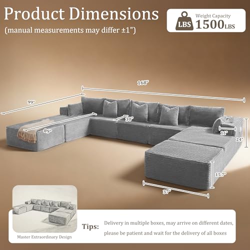 Image of 168 inch Cloud Sectional Couch, Comfort U Shaped Sofa for Living Room, Extra Deep Seats No Assembly, Minimalist Modular Couch, Corduroy (Light Grey, 9 Seats,U-Shape B)