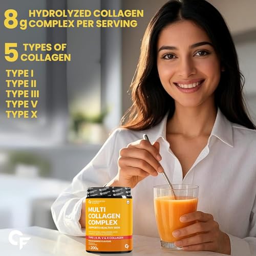 Image of Carbamide Forte Multi Collagen Supplements for Women & Men | Multi Collagen powder with All 5 Types of Peptides Included - TYPE I, II, III, V, X | Peach Mango Flavour - 200g