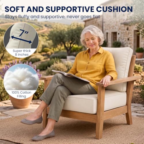 Image of DoCred Set of 4 Outdoor Chair Cushion, 6 inch Thick Patio Seat Cushion, Beige | 28D High Density Sponge Cushions & 7 inch Back Pillows with Fade and Water Resistant Cover for Patio Furniture Sofa Bench Swing