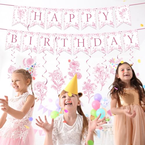 Image of JarThenaAMCS 11 Pcs Pink Flower Birthday Banner Chinoiserie Floral Happy Birthday Bunting Garland with Elegant Flower Hanging Swirl for Party Decoration