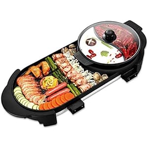 2 in 1 Electric Bbq Hot Pot Grill Electric Barbecue Pan Grill and Hot Pot for Indoor Outdoor Parties Non-Stick Pan with Dual 5-Speed Temperature Control (110V)