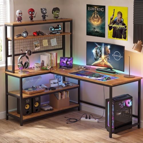 Image of L Shaped Computer Desk with Bookshelf | Gaming Table with Storage Shelves, Metal Frame, Monitor Stand, Organizer Hooks | Wooden Study Table for Home, Office & Work from Home | DIY.