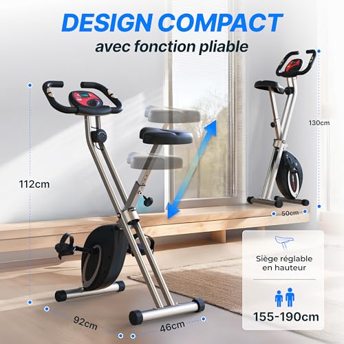 Ultrasport F-Bike, Vélo entraînement, Ordinateur entraînement LCD pour vélo fitness, Vélo exercice pliable, Max Poids utilisateur 100 kg, mesure pouls, 8 niveaux résistance, roue réglage, Noir/Argent – vue 7