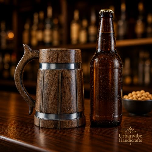 Image of Handmade Wooden Beer Mug, Wood with Sheesham Finish, Barrel Style, Lightweight & Durable, for Craft Beer, Home Bar, Cafe, Party, Gift(350ml) (Steel Band)