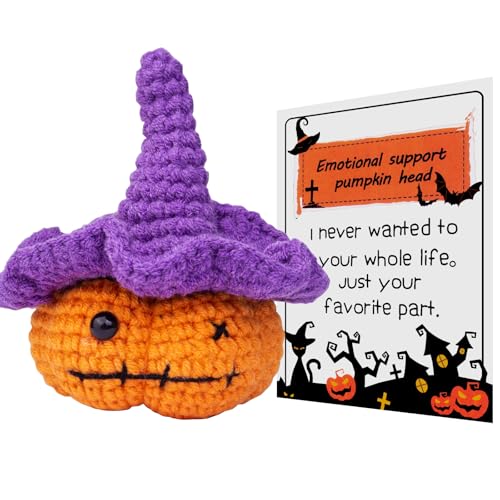 CoFuBcad Zucca positiva di Halloween, graziosa bambola lavorata a maglia all'uncinetto con cappello da strega, giocattolo per Halloween, decorazione pasquale regalo incoraggiamento