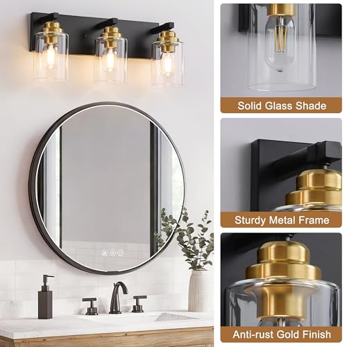Image of Black and Gold Bathroom Light Fixture, 3 Light Brushed Gold Vanity Light, 18.8 inch Modern Farmhouse Bathroom Lighting Fixtures Over Mirror, with Clear Glass Shade, Vanity Lights for Bedroom Hallway