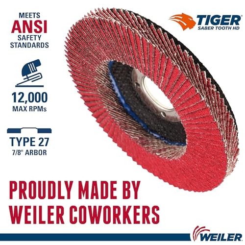 Image of Weiler 50132 Saber Tooth 7 /8 inch Arbor, 4-1 /2 inch Diameter, 80 Grit, Ceramic, Phenolic Backing, Flat High Density Abrasive Flap Disc (Pack of 10)
