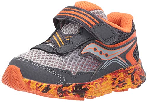 Saucony Boys Ride 10 Jr. Sneaker, Grey/Orange Flame, 10 Wide Little Kid