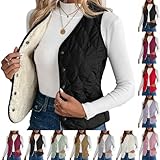 Puffer Vest Women Warm Button Up Petite Quilted Vest Cute V Neck White Jacket with Pockets Fleece Lined Lightweight Snap Button Up Sherpa Vests with Pockets Sleeveless Winter Jackets Casual Outerwear