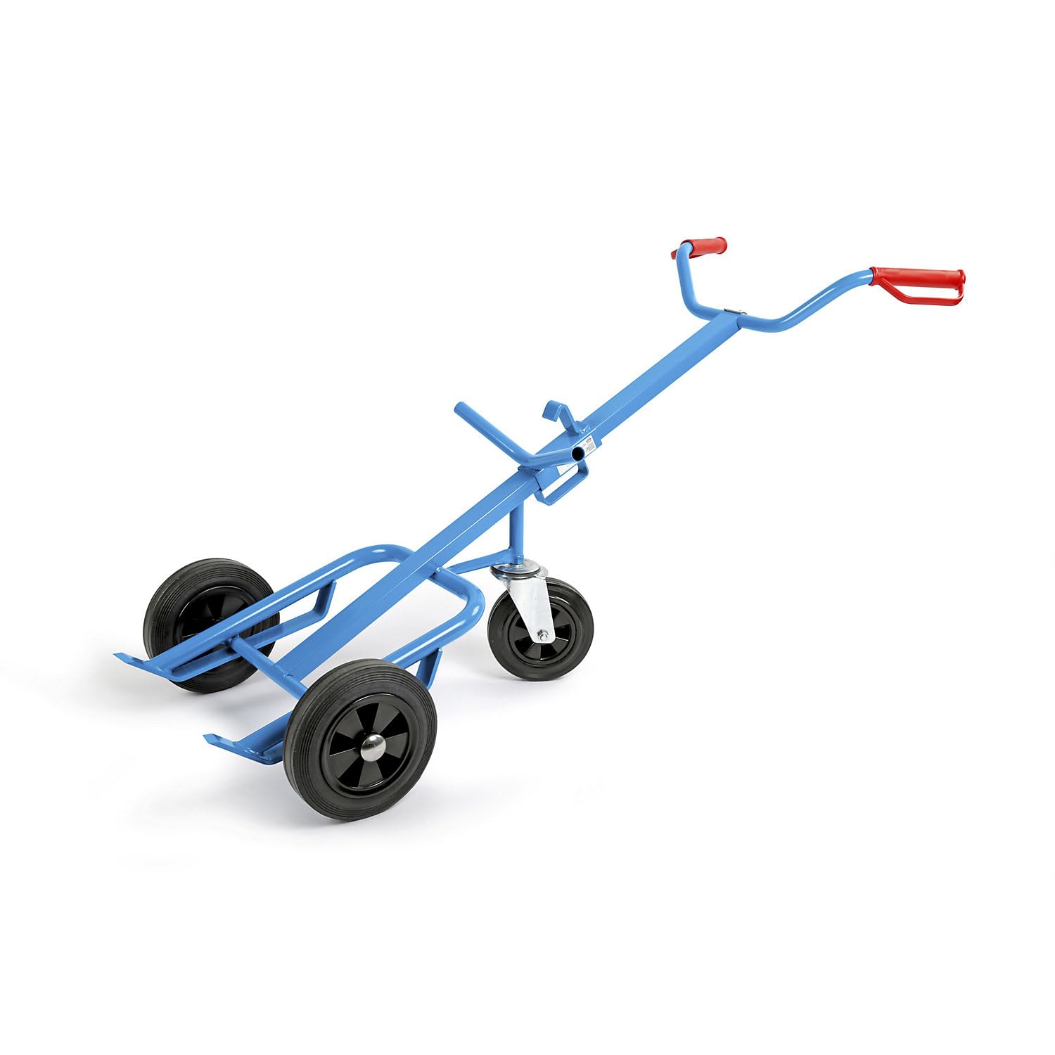 eurokraft | Chariot porte-fûts pour fûts en acier | charge max 400 kg | avec roue stabilisatrice à bandage caoutchouc | roues en caoutchouc