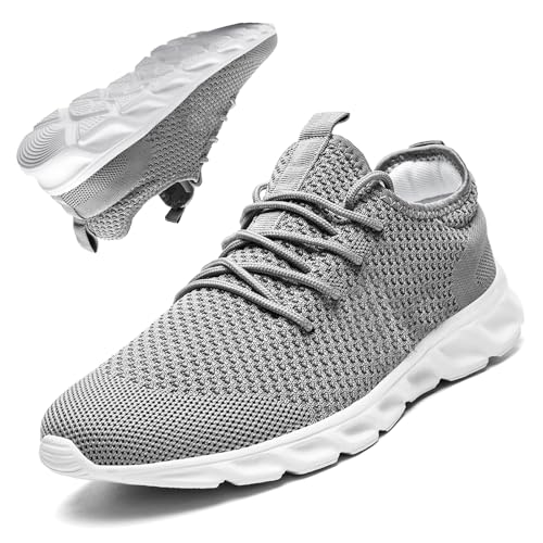 LANGFEUU Men Women Walking Shoes Lace up Tennis Running Sneakers Lightweight Comfortable Fashion Sneakers for Gym Workout Casual Travel Light Grey 10 Women/8.5 Men
