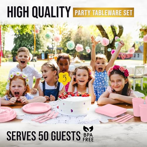 Image of Exquisite 350 Pcs Pink Plates and Napkins Party Supplies Plate Sets | Sturdy Plastic Dinnerware Set With 9 inch & 7 inch Plates, 12 Oz Cups, Lunch Napkins and Cutlery Serves 50 for Birthdays & Everyday