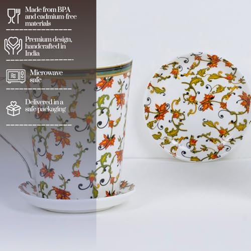 Image of GOLDEN QUEEN'S Mugs & Coaster Set of 2 for Coffee, Tea, Milk - Ideal for Your Daily Beverage Ritual, Hosting & Casual Gatherings | 300ML | Micorwave Safe - Chinar Bloom