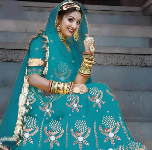 Image of Fancy Heavy Embroidery Work Shimmer Silk Semi-stitched Rajasthani Poshak Rajputi Lehenga Choli For Women