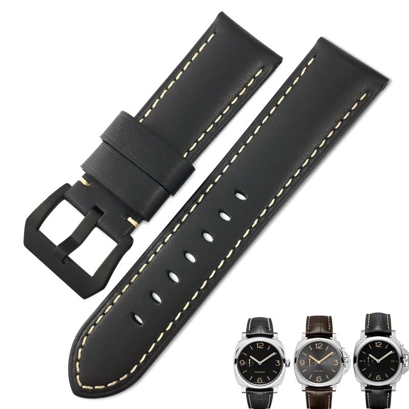 Bracelet de montre cuir de veau véritable 24 mm noir souple pour Panerai Luminor