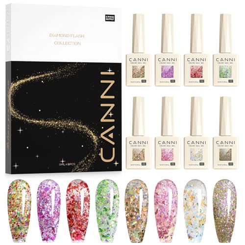 CANNI Esmaltes Semipermanentes de Uñas en Gel 8 Color brillantina verde rojo morado verde siempre rosa transparente dorado UV Gel Kit Gel Nail Polish Esmalte Uñas Valentín Kit Uñas Semipermanentes Set
