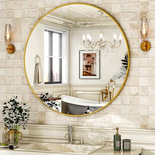 Image of HARRITPURE 28 inch Round Mirror - Gold Bathroom Mirror Circle Wall Mirror with Brushed Aluminum Alloy Frame Modern Decor for Living Room, Vanity, Bedroom, Entryway