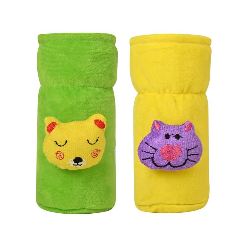 Image of Soft Plush Stretchable Baby Feeding Bottle Cover Easy to Hold Strap with Cute Animated Cartoon| Suitable for 60-125 Ml Feeding Bottle (Green-Yellow)
